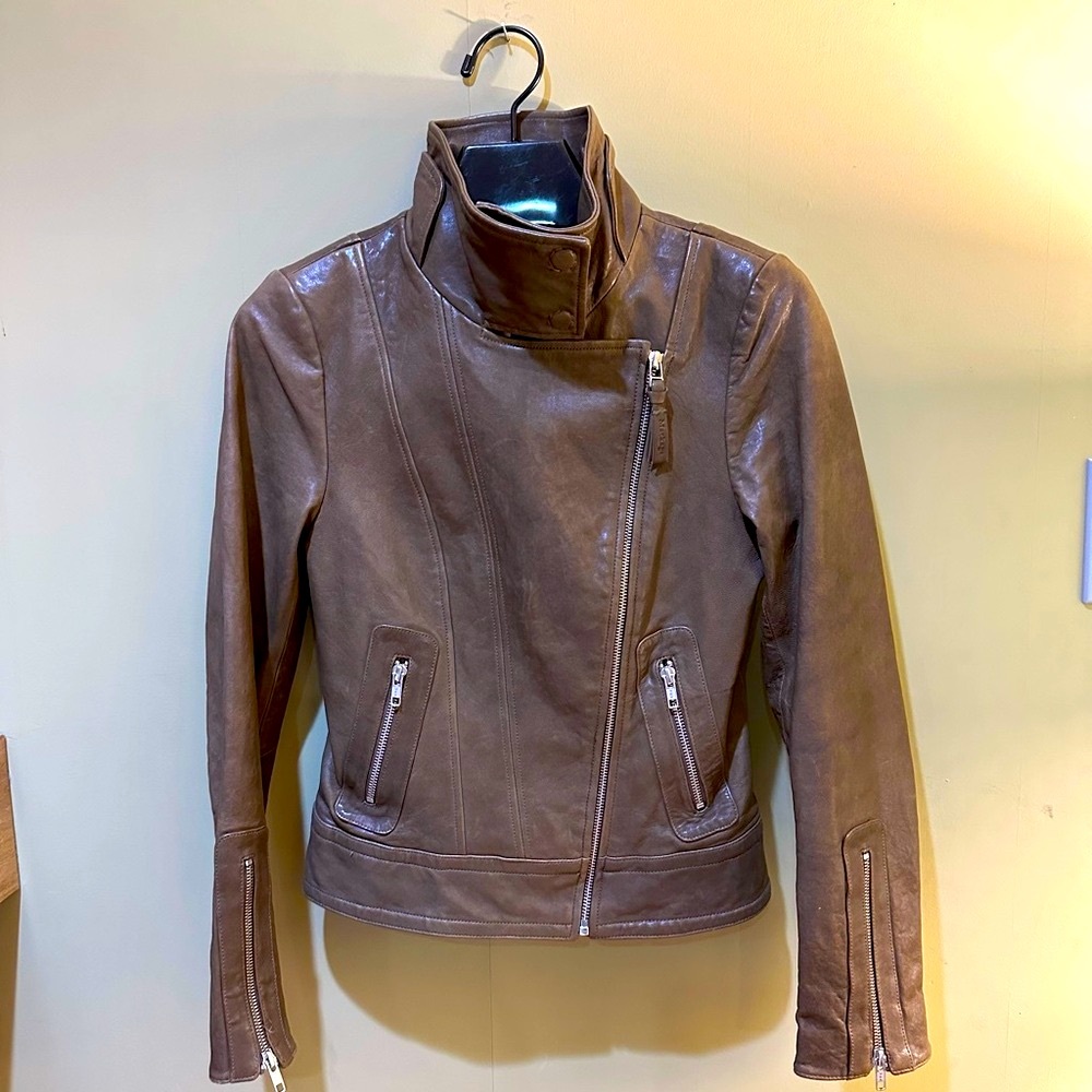 MACKAGE for Aritzia Soft Lambskin Moto Jacket. Rare Olive color. Size Small.